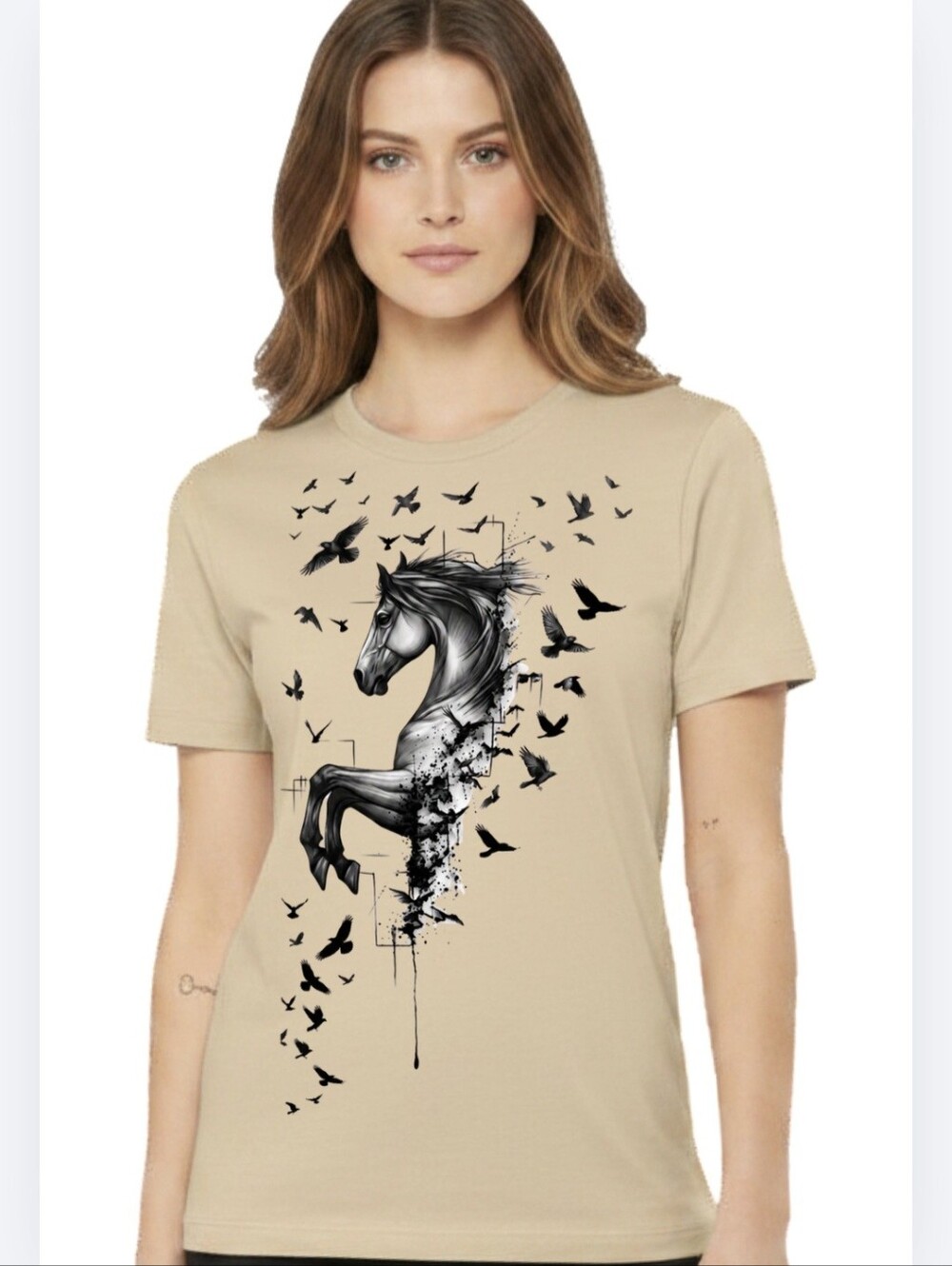 Luxury Wild Horse & Birds Graphic Sand Tee - Size M (Ask for sizes!)